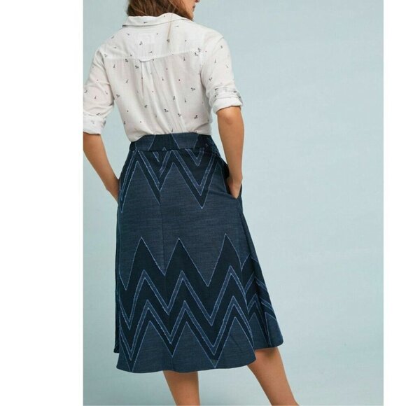 Anthropologie Eva Franco A-Line Skirt 0 Blue Midi Chevron Cotton Linen Pockets - Picture 2 of 4